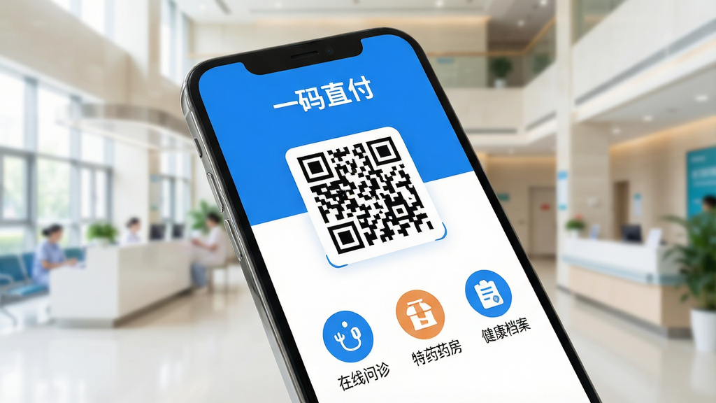 一张智能手机屏幕特写,屏幕清晰显示“一码直付”App主界面,界面风格现代简洁,以蓝色和白色为主色调,顶部有“一码直付”品牌标识,中间有一个醒目的二维码,下方排列着“在线问诊”、“特药药房”、“健康档案”等圆形图标,背景是虚化的现代医院大厅,光线明亮柔和,手机微微倾斜,展示出App的便捷与专业,画面干净,无多余元素,高画质。