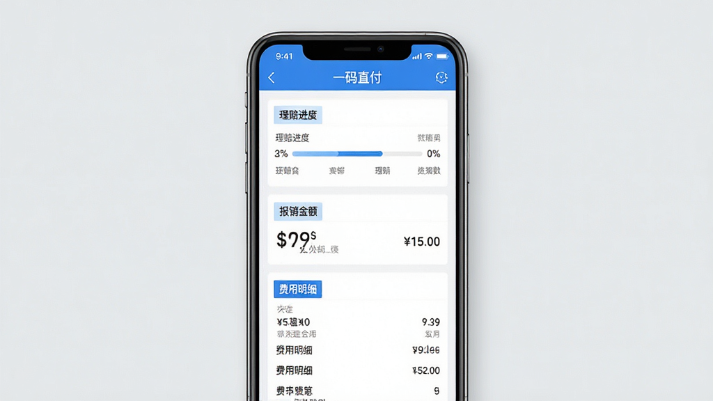 一张手机App截图风格图片,屏幕显示“一码直付”的理赔记录页面,页面中有“理赔进度”、“报销金额”、“费用明细”等板块,数据清晰,界面以蓝白为主,简洁明了,背景为淡灰色,突显手机屏幕内容,画质干净,无多余元素。