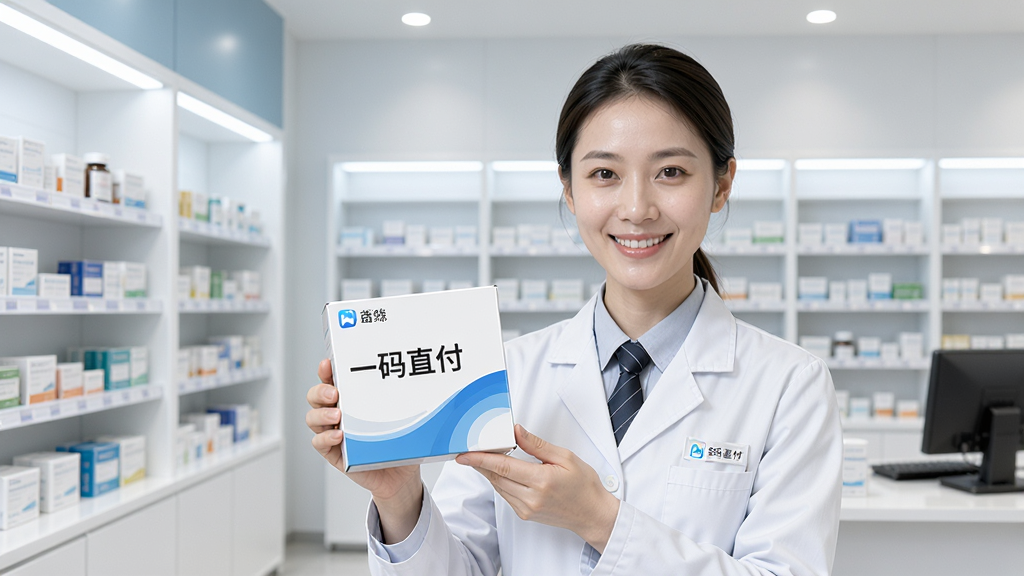 一张高品质产品场景图,一位穿着整洁的药剂师站在现代药房内,手持一盒药品,药品盒上印有“一码直付”字样,背景是整齐的药架,光线明亮,药剂师面带微笑,专业而亲切,画面构图清晰,突出药品与App的关联,画质干净,无多余元素。