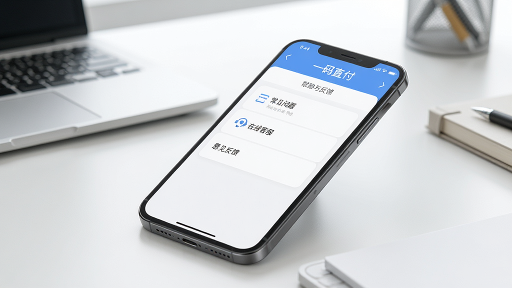 一部智能手机正面特写,屏幕显示“一码直付”App的“帮助与反馈”界面,页面有“常见问题”、“在线客服”、“意见反馈”等选项,背景为现代简约办公桌,手机半倾斜放置,画面明亮清晰,突出App的易用性,画质干净,无多余元素。