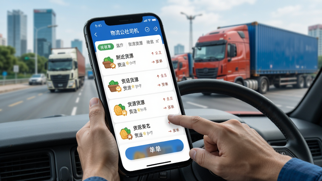 物流公社司机APP接单界面,屏幕上显示附近货源列表和抢单按钮,背景为城市道路和货车,司机点击屏幕操作,界面简洁明了,风格现代,细节清晰,画质干净
