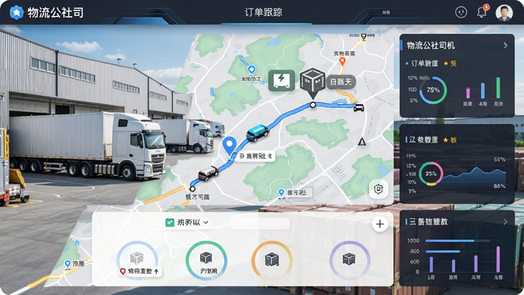 物流公社司机APP订单跟踪页面,地图上显示车辆行驶轨迹和货物位置标记,背景为物流仓库和货车,界面数据可视化,风格专业,细节丰富,画质干净