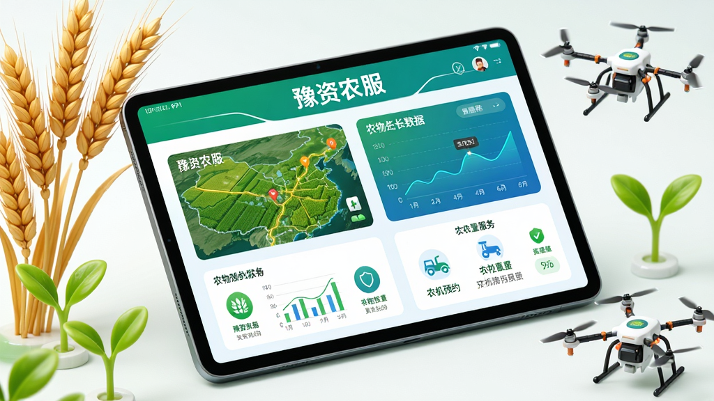 画面主体为一台平板电脑或智能手机,屏幕上清晰展示“豫资农服”APP的主界面,界面以绿色和蓝色为主色调,呈现农田地图、作物生长数据图表、农机预约服务等模块图标。布局采用居中构图,平板电脑斜放,周围环绕着金黄的麦穗、翠绿的嫩芽和微型的农用无人机模型。整体风格为现代科技感与农业自然风结合,细节丰富,画面干净明亮,无多余元素。超高清画质,8K分辨率,商业产品渲染风格。