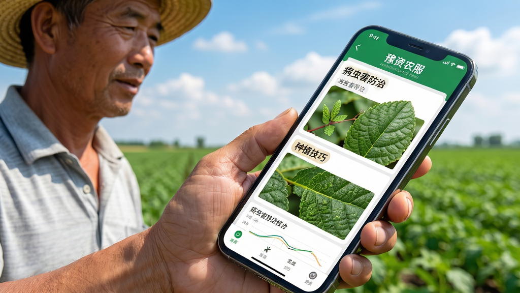 画面主体为一位农民在田地里使用智能手机查看“豫资农服”APP内的农技指导页面,手机屏幕特写显示“病虫害防治”和“种植技巧”等文字标签。布局采用对角线构图,农民位于画面左侧,手机屏幕朝向右上方,背景是广阔的绿色农田和蓝天白云。风格明亮写实,细节包括手机屏幕上的图表和叶片纹理,画质清晰干净,无多余元素。