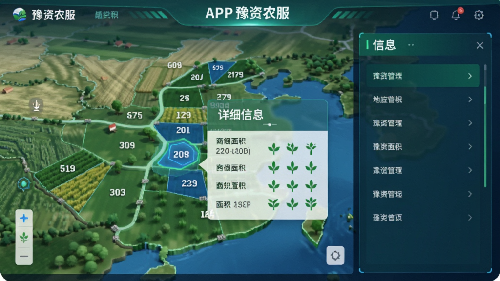 画面主体为“豫资农服”APP的地块管理页面,以3D地图形式展示农田分布,点击某个地块后弹出详细信息卡片。布局采用左右结构,左侧是地图,右侧是信息卡片。风格为现代科技感UI设计,色彩以绿色和蓝色为主,细节包括地块编号、面积数据和作物图标,画质清晰,无多余元素。