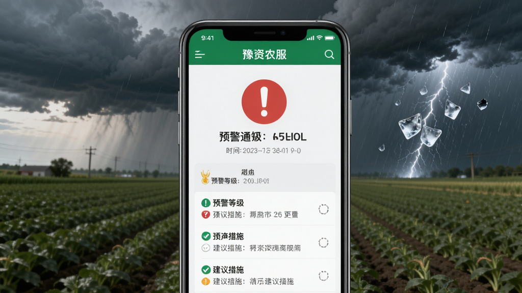 画面主体为手机屏幕显示“豫资农服”APP的预警通知界面,背景是乌云密布的农田,有暴雨和冰雹迹象。布局采用警示风格,中央是红色感叹号图标,下方是预警详情的文字列表。风格为现实与UI结合,细节包括预警等级、时间戳和建议措施,画质清晰,无多余元素。