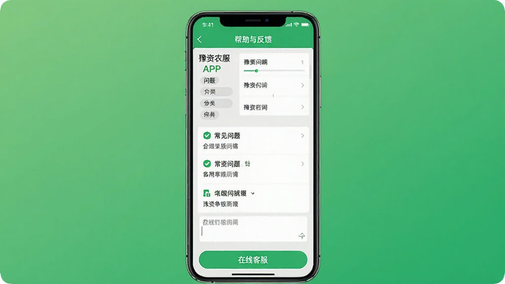 画面主体为一部智能手机,屏幕显示“豫资农服”APP的“帮助与反馈”界面,下方有常见问题列表和在线客服按钮。布局为直立手机居中,背景为简洁的渐变绿色。风格为扁平化UI设计,细节包括问题分类和输入框,画质干净,无多余元素。