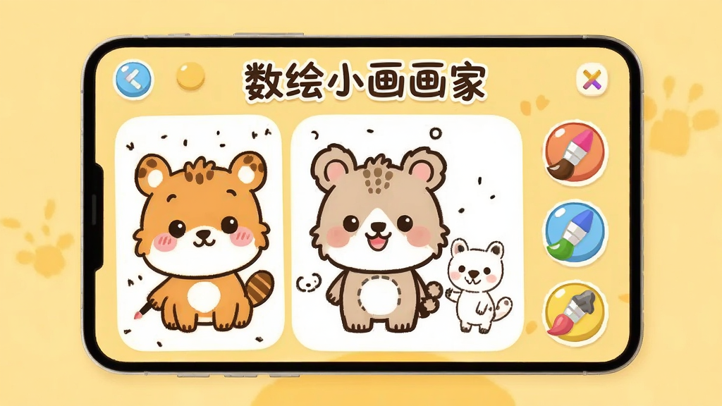 画面中央展示一款名为“数绘小画画家”的儿童绘画应用界面,背景是温馨的浅黄色,界面中有可爱的动物涂色模板和彩色画笔图标,整体布局简洁明快,卡通风格,细节丰富,画质干净,无多余元素。