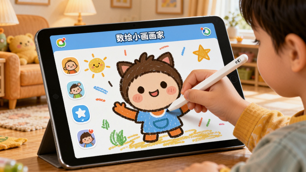 画面展示“数绘小画画家”应用在平板上的使用场景,孩子用手指或触控笔在屏幕上涂色,界面色彩鲜艳,背景是温馨的家庭环境,卡通风格,画质干净,无多余元素。