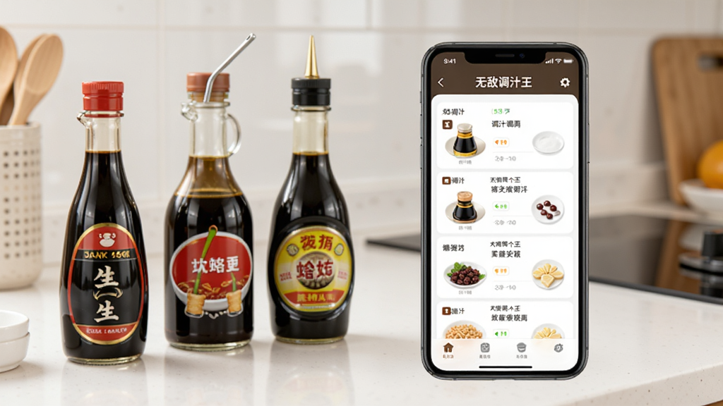 一张展示现代智能厨房场景的图片,主角是一部运行着无敌调汁王应用的智能手机,手机屏幕清晰显示着各种调汁配方列表,背景是整洁明亮的厨房台面,摆放着生抽、醋、蚝油等常用调料瓶,画面整体风格温馨写实,突出应用在家庭厨房中的实用场景,画质干净,无多余元素