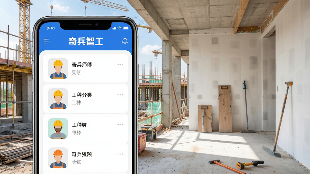 奇兵智工APP界面展示,手机屏幕内显示工人师傅列表、工种分类图标,背景为建筑工地和装修现场,整体风格明亮清晰,界面简洁现代,突出“奇兵智工”品牌名称,画质高清,干净无多余元素