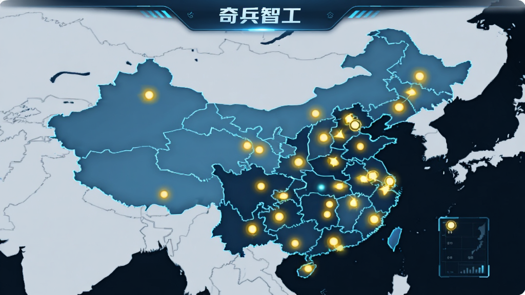 奇兵智工地图覆盖示意图,中国地图上分布着众多亮点,表示工人师傅位置,界面简洁,带有“奇兵智工”字样,风格科技感,画质清晰,无多余元素