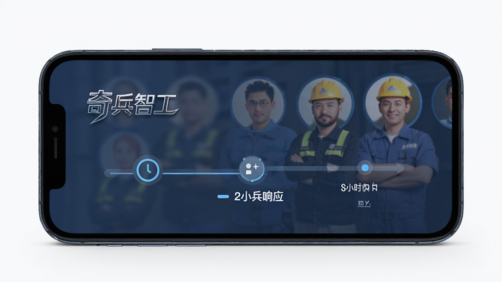 奇兵智工快速响应界面,手机屏幕显示发布招工信息后2小时内收到工人响应,时间轴图标,背景有工人头像,风格简洁,带有“奇兵智工”字样,画质高清,干净无多余元素