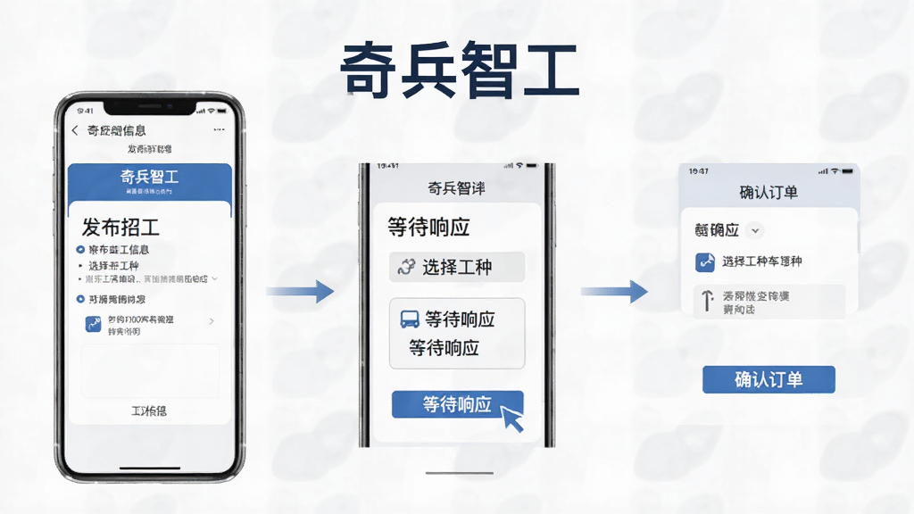 奇兵智工使用教程步骤图,手机屏幕显示发布招工信息、选择工种、等待响应、确认订单等流程,背景简洁,带有“奇兵智工”字样,画质清晰,干净无多余元素