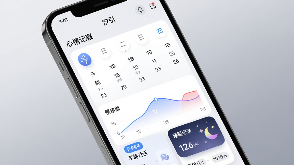 手机应用“汐引”的“向内觉察”功能界面预览图,主体是手机屏幕特写,屏幕上显示心情记录日历和情绪曲线。布局居中,手机微微倾斜,背景是柔和的渐变灰色。排版简洁,突出功能模块图标。风格为现代UI设计风,细节包括“平静对话”和“睡眠记录”卡片,画质高清,干净无多余元素。