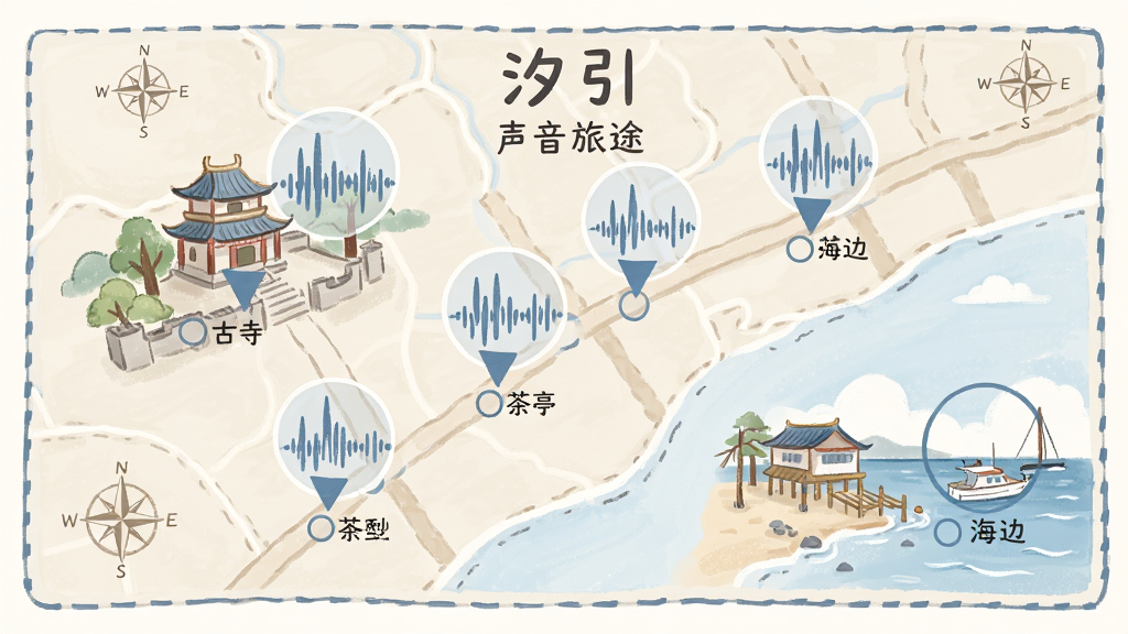 应用“汐引”的“声音旅途”功能概念图,主体是地图上标记的多个声音采集点,包括古寺、茶亭、海边。布局采用地图俯视视角,每个标记点配有声音波形图标。排版清晰,信息层级分明。风格为简约手绘风,色调以淡蓝和米色为主,细节包括地理位置名称,画质干净无多余元素。