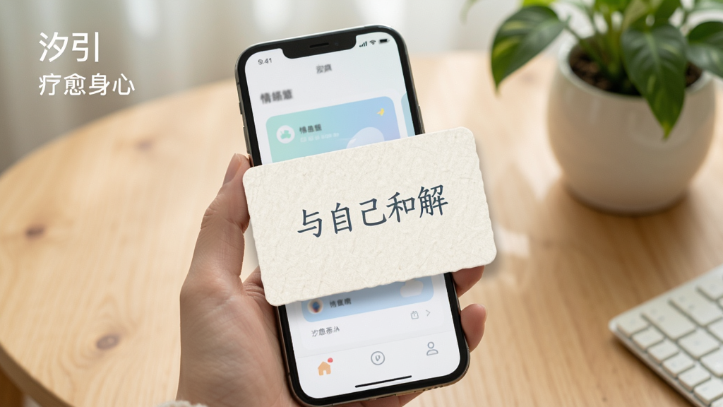 应用“汐引”的“疗愈身心”功能展示图,主体是手拿手机展示情绪卡片界面的场景,卡片上写着“与自己和解”。布局采用手持视角,背景为木桌和绿植。排版干净,卡片设计突出。风格为清新治愈风,色调柔和,细节包括卡片纹理和阴影,画质干净无多余元素。