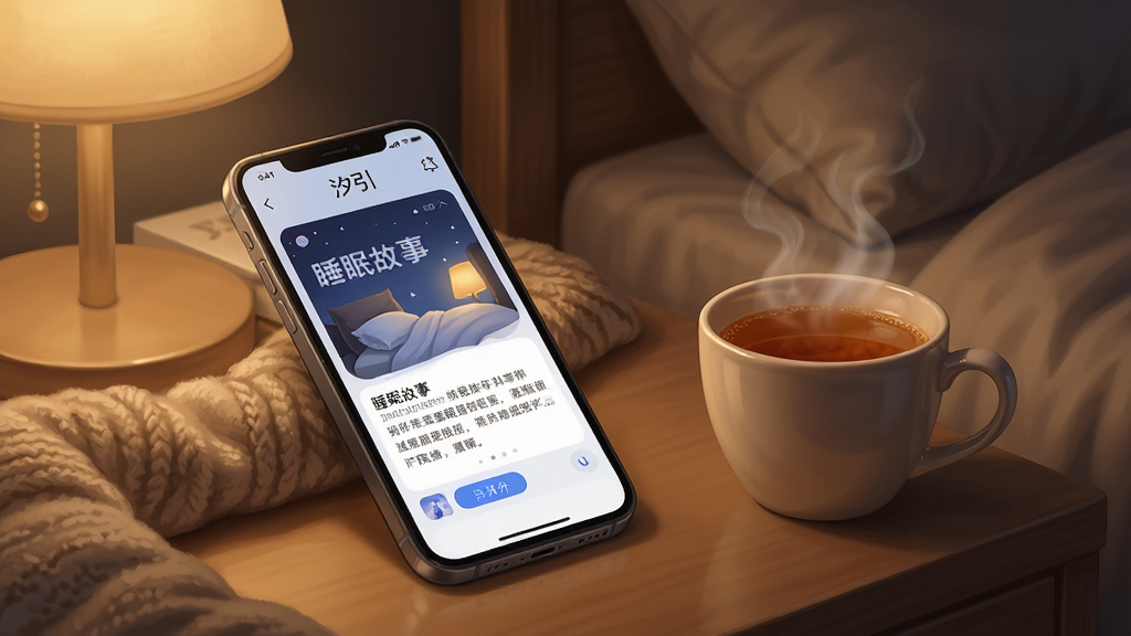 一幅展示“汐引”应用使用场景的插画,主体是手机放在床头柜上,屏幕显示睡眠故事界面,旁边有一杯热茶。布局为特写镜头,背景是昏暗的卧室,温馨灯光。排版简洁,突出手机屏幕内容。风格为写实插画风,色调温暖,细节包括被子纹理和茶的热气,画质干净无多余元素。