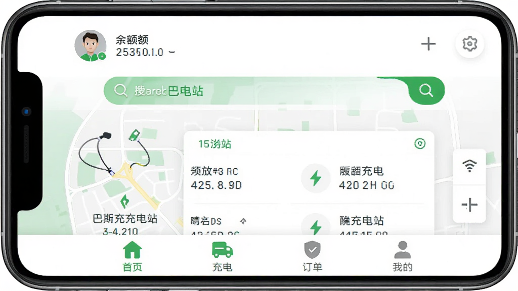 一张展示巴斯巴充电APP主界面的高清截图,界面简洁明亮,上方显示用户头像和余额,中间为地图搜索框和附近充电站列表,下方为底部导航栏,包含首页、充电、订单、我的四个标签,整体风格现代,配色以绿色和白色为主,画质清晰,无多余元素