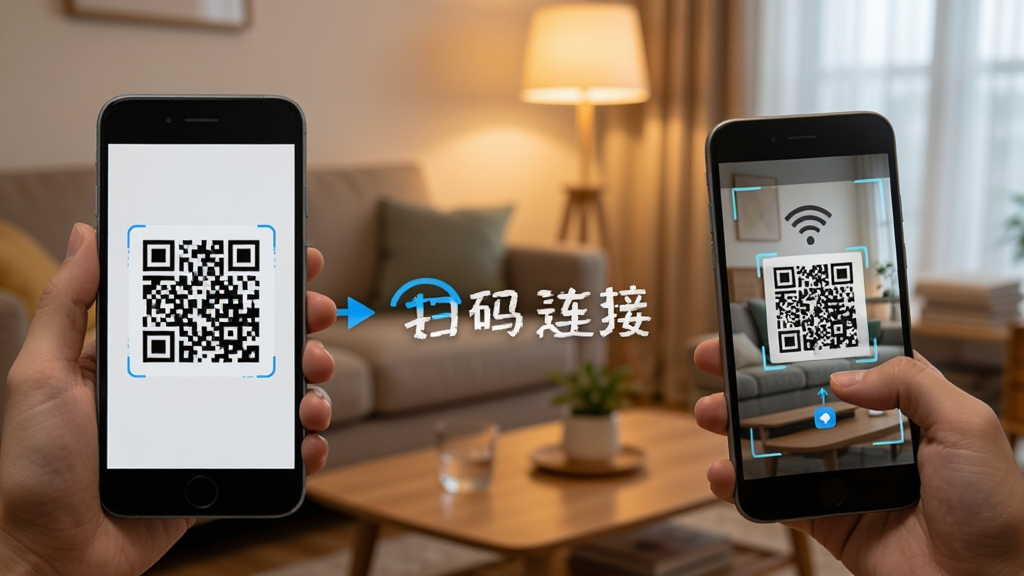 չʾ�����ֻ�ͨ��WiFiɨ�����ӵĳ�����һ���ֻ���Ļ��ʾ��ά�룬��һ���ֻ�����ɨ�裬����Ϊ��ͥ����������������ͣ��������������дʵ��ͻ������׿�������֡��ı���ԣ����ֱ�ע��ɨ�����ӡ�