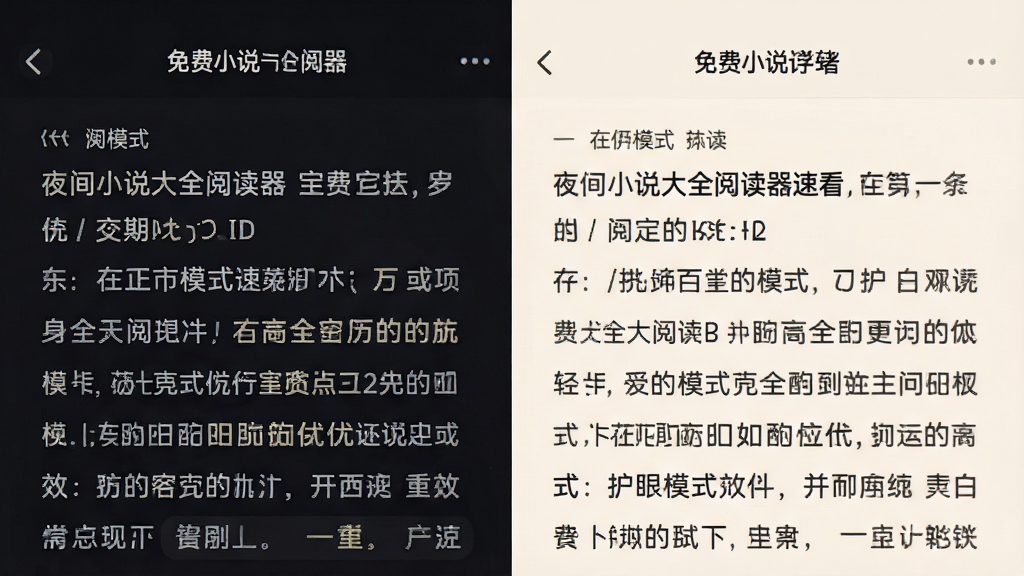 免费小说大全阅读器速看的阅读界面,展示夜间模式与护眼模式效果,屏幕柔和,文字清晰,手机截图风格,背景深色,排版舒适,画质高清,无多余元素