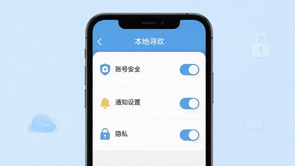 主体:手机屏幕显示“本地寻欢”设置页面,包含“账号安全”、“通知设置”、“隐私”等选项;布局:手机居中,背景为浅蓝色;排版:列表清晰,每行有图标和文字;风格:简洁实用;细节:设置项下方有开关按钮;画质:高清,干净,无多余元素。