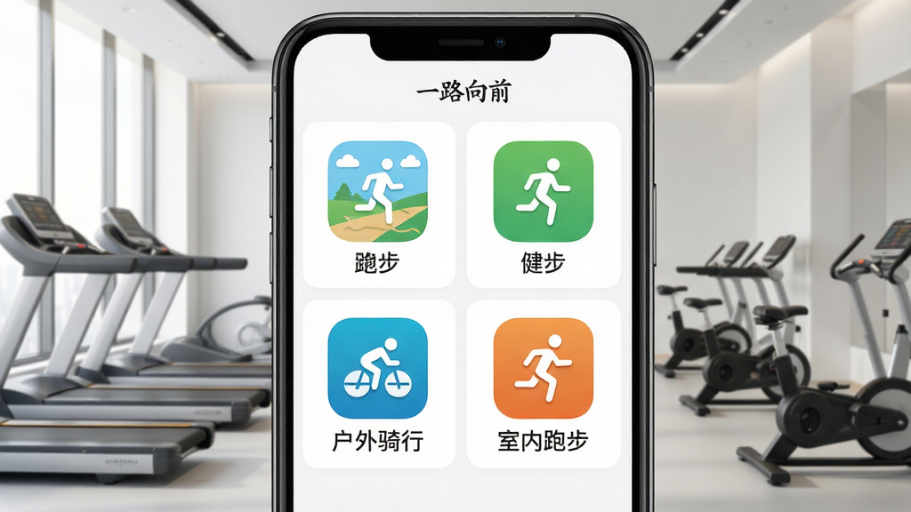 画面主体为“一路向前”App四种运动模式选择界面的手机截图,界面以四宫格形式展示户外跑步、健步、户外骑行、室内跑步四个图标,每个图标下方有对应中文名称。背景为现代简约风格的室内健身房场景,跑步机、自行车等器材整齐排列,光线明亮柔和,画面风格干净利落,排版规整,细节清晰,画质高清,无多余元素。