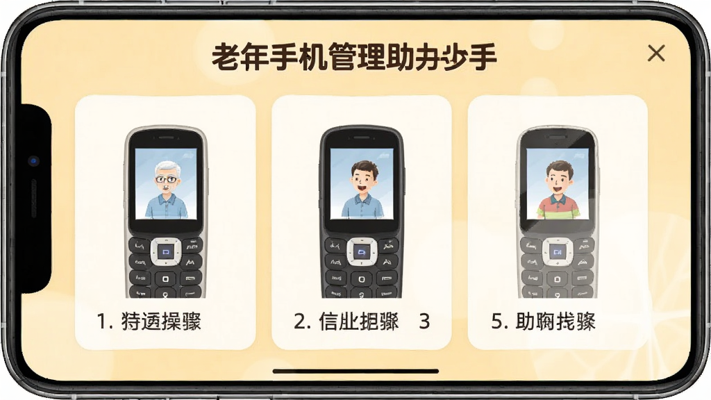 主体为老年手机管理助手的使用教程界面,展示操作步骤图文说明,背景为浅黄色,布局清晰,风格温馨,画质细腻,干净无多余元素。