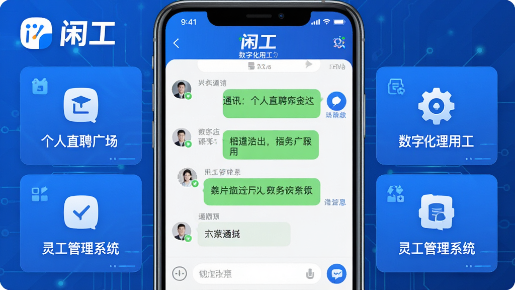 主体:闲工APP界面,展示即时通讯与用工服务功能。布局:中央为聊天窗口,两侧分布功能插件图标。排版:清晰有序,突出“个人直聘广场”、“灵工管理系统”等模块。风格:现代科技感,蓝色主色调。细节:界面显示“闲工”LOGO与“数字化用工”字样。画质:高清,干净,无多余元素。
