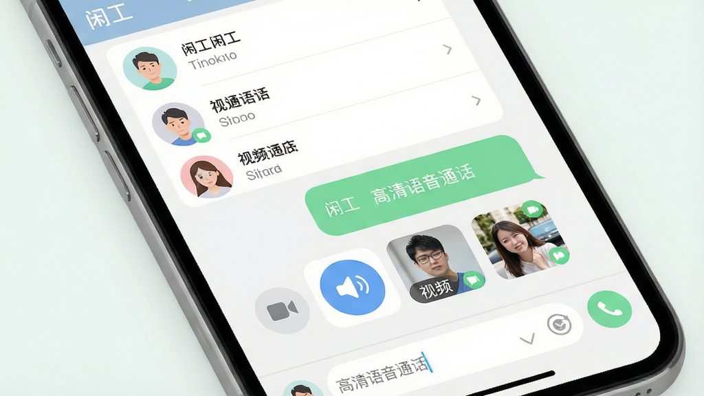 主体:手机屏幕展示闲工聊天界面,包含语音、视频、图片发送功能。布局:上方为联系人列表,下方为消息输入区。排版:简洁直观,消息气泡清晰。风格:扁平化设计,色彩柔和。细节:界面标注“闲工”名称,显示“高清语音通话”图标。画质:细腻,干净,无多余元素。