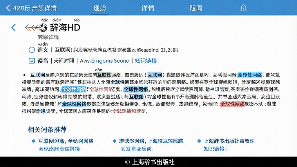 主体:《辞海HD》应用内词条详情页,展示“互联网”词条的完整释义、读音、英文对照和知识链接。布局:上下结构,上部为词条标题和拼音,中部为详细释义文字,下部为相关词条推荐。排版:信息层级清晰,重点内容用不同颜色标注。风格:学术专业风格,白底黑字,蓝色点缀。细节:页面底部有“上海辞书出版社”版权信息,释义文字中“全球性网络”等关键词高亮。画质:高清,干净,无多余元素。