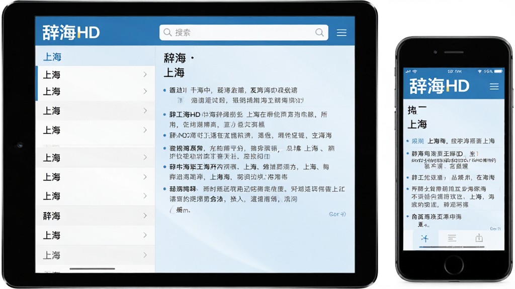 主体:辞海HD应用界面在平板和手机上同时展示,左侧为词条列表,右侧为详细释义,顶部有搜索框。布局:左右分栏,上下结构,界面简洁清晰。排版:现代简约风格,字体清晰,行距适中。风格:专业工具书风格,蓝白配色,干净明亮。细节:屏幕上显示“辞海HD”LOGO,词条内容为“上海”的详细解释,背景为淡蓝色渐变。画质:高清,干净,无多余元素。