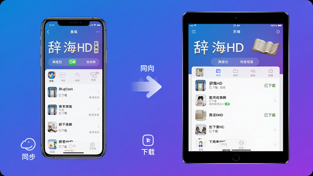 主体:《辞海HD》应用在手机和平板上的多端同步界面,展示同步状态和已下载的离线词条包。布局:左右分屏,左侧为手机界面,右侧为平板界面,中间有同步箭头。排版:简洁直观,图标下方配有文字说明。风格:科技现代风格,蓝紫渐变背景。细节:手机和平板屏幕上都显示“辞海HD”主界面,离线包列表显示“已下载”状态。画质:高清,干净,无多余元素。
