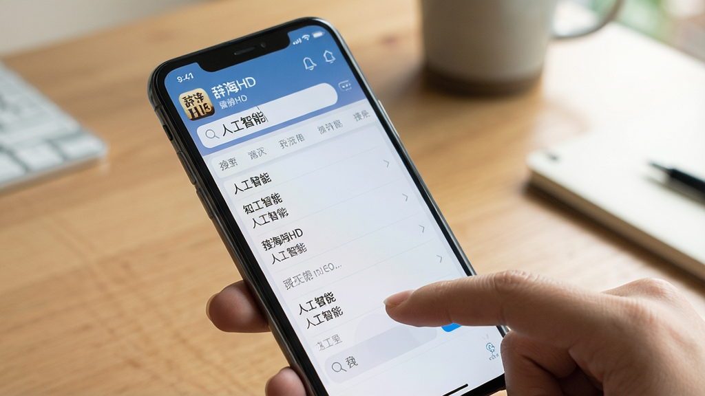 主体:用户正在手机上使用《辞海HD》搜索词条,手指点击搜索框,屏幕显示搜索结果列表。布局:手机特写,背景为桌面,聚焦屏幕内容。排版:手机屏幕占画面主体,清晰展示应用界面。风格:生活化场景,自然光线。细节:屏幕上有“辞海HD”应用图标,搜索词为“人工智能”,结果列表显示多条相关词条。画质:高清,干净,无多余元素。