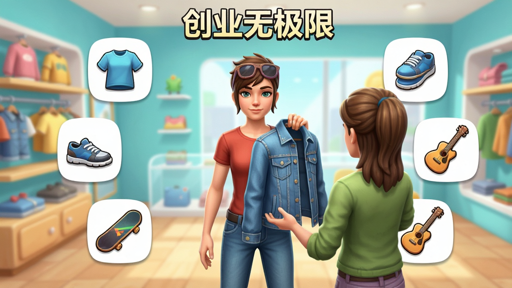 一张《创业无极限》游戏内截图风格图片,主体为角色换装瞬间,顾客正在试穿一件牛仔外套,旁边悬浮着服装、鞋子、滑板、吉他等商品图标,背景是明亮的商店货架,采用居中构图,商品图标围绕角色呈圆形排列,整体风格清新明快,细节精致,画质清晰,干净无多余元素,图片中可包含文字“创业无极限”