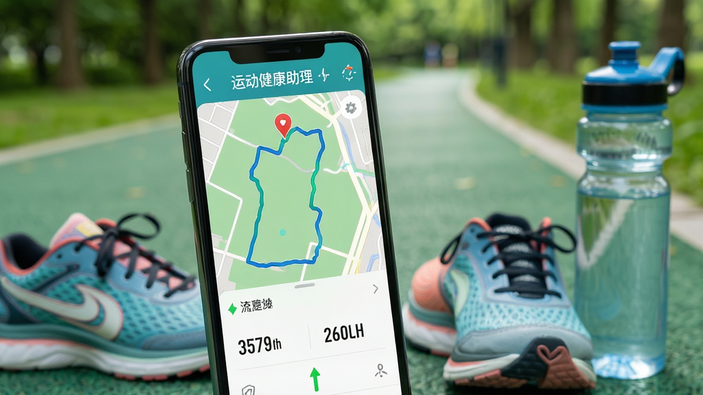 运动健康助理APP在户外跑步场景下的运动追踪界面,手机屏幕显示实时轨迹地图和配速数据,旁边有跑鞋和运动水壶,背景为公园绿道,构图采用特写视角,排版清晰,风格写实,细节需呈现