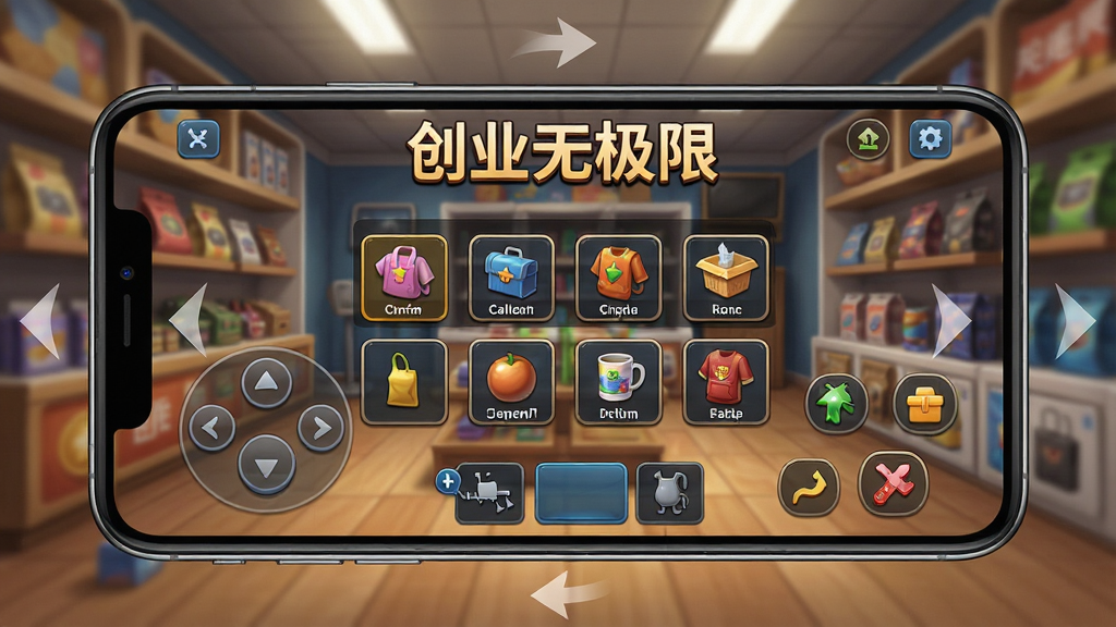 一张展示《创业无极限》游戏操作界面的图片,主体为手机屏幕截图,屏幕上有清晰的虚拟按键与商品图标,背景为游戏商店场景,布局采用中心构图,屏幕位于中央,周围有淡淡的操作提示箭头,风格写实,细节丰富,画质高清,干净无多余元素,图片中可包含文字“创业无极限”