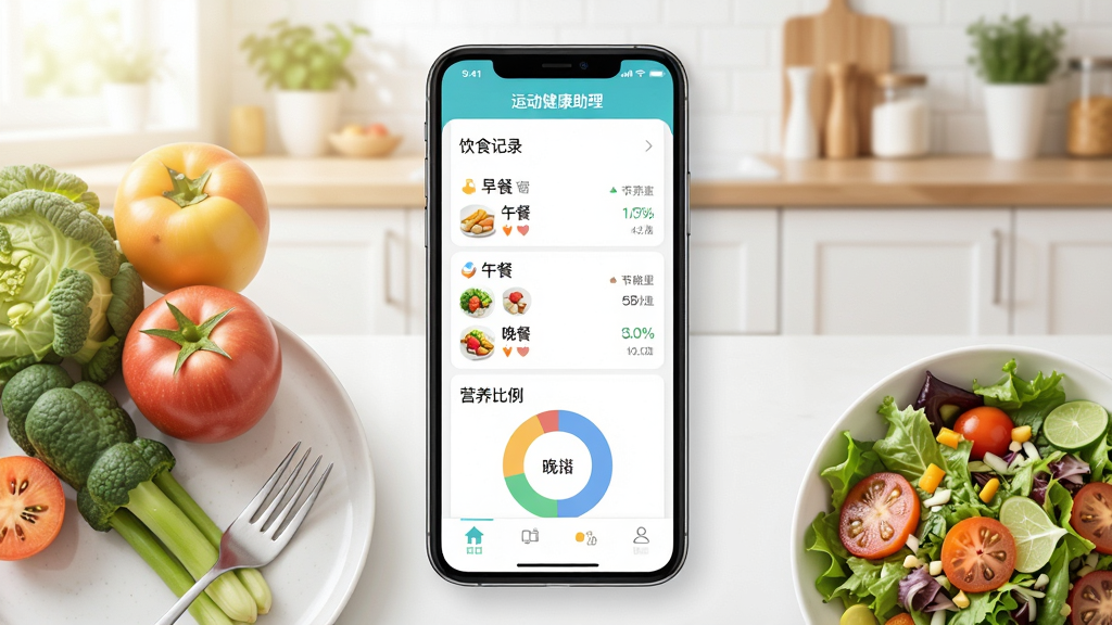 运动健康助理APP饮食记录界面,手机屏幕展示早餐、午餐、晚餐的卡路里统计和营养比例圆环图,旁边摆放着新鲜蔬果和沙拉,背景为明亮厨房,构图采用俯拍视角,排版有序,风格清新自然,细节需出现