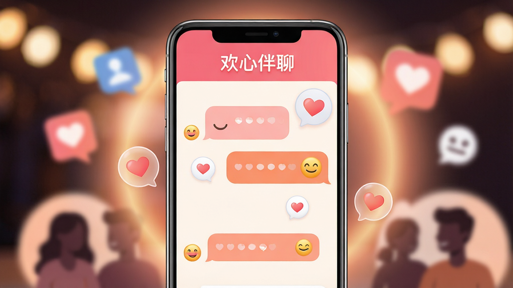 主体:欢心伴聊App界面展示,手机屏幕中显示温暖色调的聊天窗口,背景有柔和的光晕和爱心气泡。布局:手机居中,周围环绕着模糊的社交图标和人物剪影。排版:界面简洁,上方有“欢心伴聊”字样,下方有对话气泡。风格:现代扁平化,色彩温暖,以粉色和橙色为主。细节:气泡中带有微笑表情,背景有模糊的灯光。画质:高清渲染,干净无多余元素。