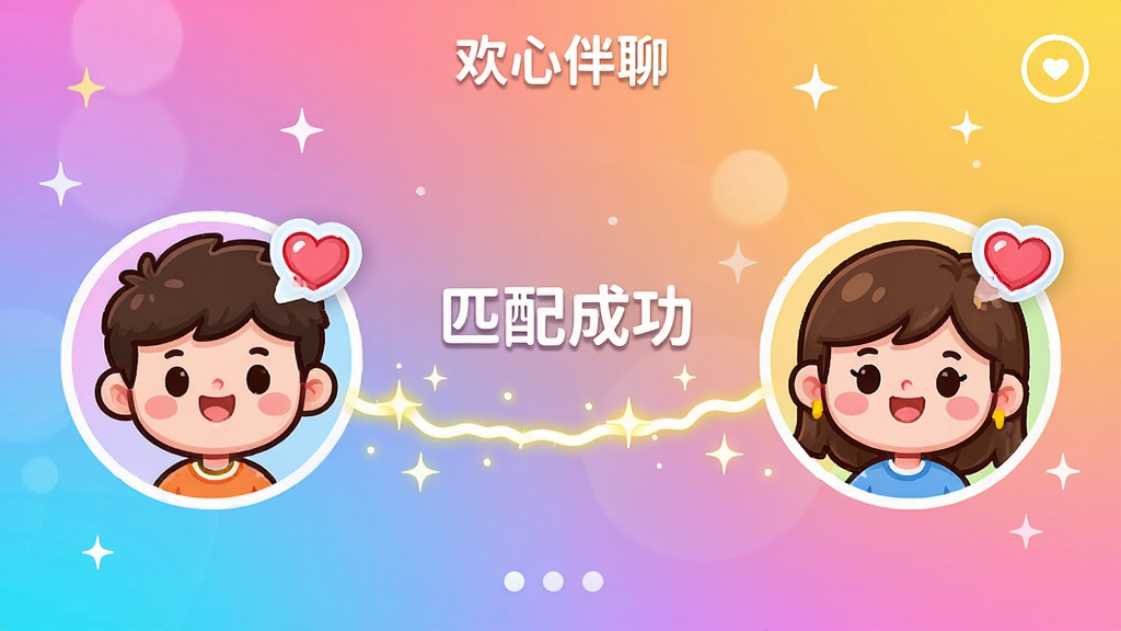 主体:欢心伴聊匹配界面,两个卡通人物头像通过一条发光的线连接。布局:左右对称,中间有“匹配成功”字样。排版:简洁明亮,背景为渐变色。风格:可爱卡通风格,色彩明快。细节:头像上有心形图标,线上有闪光点。画质:高清,干净无多余元素。