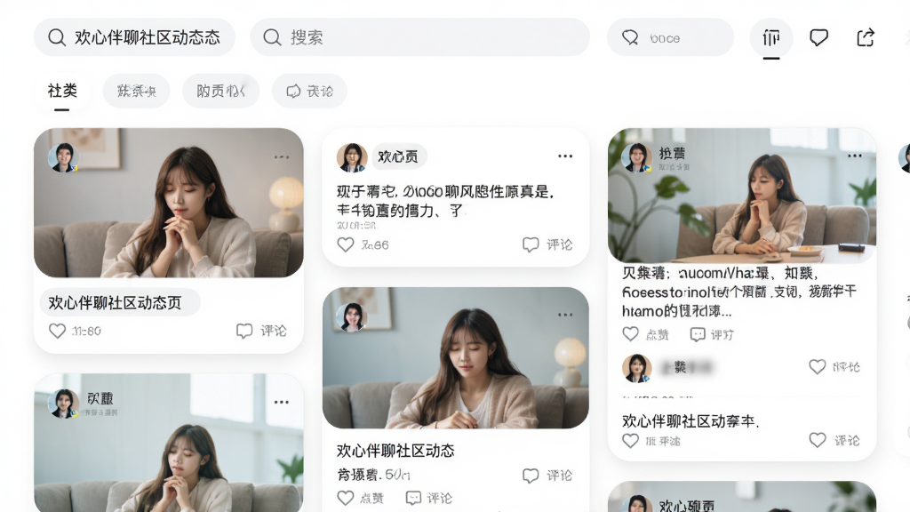 主体:欢心伴聊社区动态页面,展示多张卡片式帖子。布局:瀑布流排列,顶部有搜索栏和分类标签。排版:卡片圆角化,配图精致。风格:现代简约,色彩柔和。细节:每张卡片上有用户头像、文字内容和点赞评论图标。画质:高清,干净无多余元素。