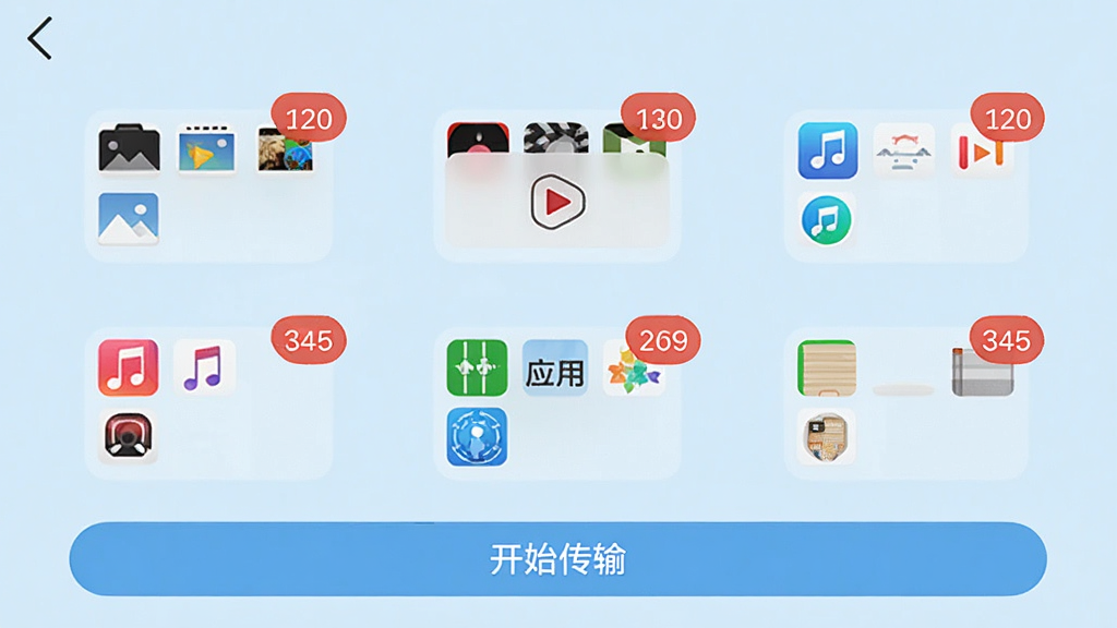 手机备份还原批量文件选择界面,屏幕上展示图片、视频、音乐、应用、通讯录五个分类文件夹,每个文件夹都有数量角标,界面底部有“开始传输”按钮,背景为浅蓝色,风格简洁,布局规整,画质高清,无多余元素