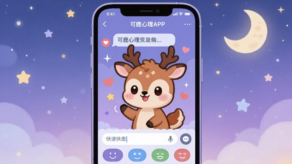 一张展示可鹿心理APP中小鹿AI对话界面的插画,主体为一只可爱的卡通小鹿形象,正在与用户进行文字聊天,手机屏幕下方有输入框和快捷情绪按钮,背景为温柔的星空与月亮,布局为手机居中,小鹿位于屏幕内,周围有星星与爱心装饰,风格可爱治愈,色彩以紫色和蓝色为主,细节丰富,画质干净,无多余文字