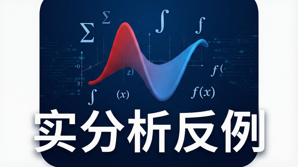 实分析反例是一款数学学习应用,界面采用深蓝色科技感背景,中央显示一个3D立体函数曲线图,曲线从红色渐变为蓝色,周围漂浮着数学公式符号如∑、∫、f(x)等,下方有“实分析反例”白色大标题,整体布局简洁大气,画面干净,高分辨率渲染,无多余元素。