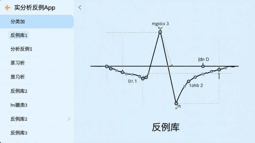 实分析反例App的反例库界面,左侧为分类列表,右侧展示一个函数图像,图像上标注特殊点,下方有“反例库”字样,背景为浅蓝色调,界面设计清爽,排版整齐,高分辨率,干净无多余元素。