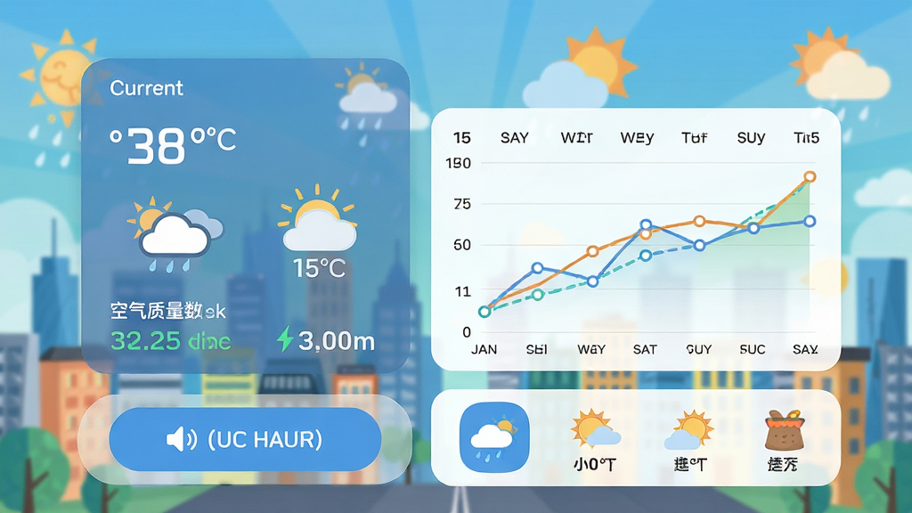 画面中央展示天气实时准APP的界面预览,背景为动态城市天气场景,左侧显示当前温度、天气图标与空气质量指数,右侧展示未来15天趋势折线图,底部有语音播报按钮与趣味天气小工具图标,整体采用扁平化设计风格,色彩清新明亮,细节丰富,画质高清干净,无多余元素