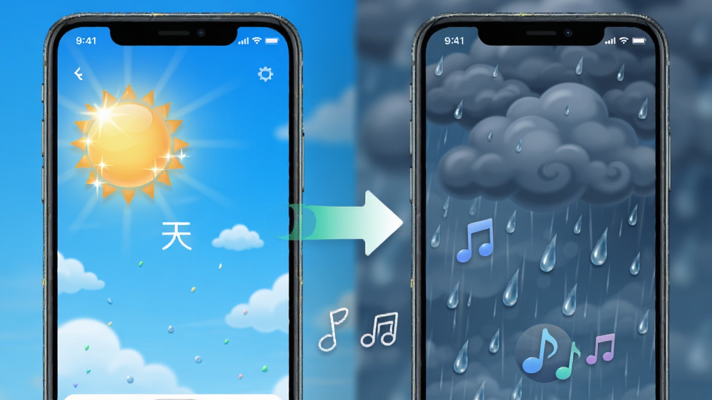 天气实时准APP的沉浸式体验展示图,左侧为晴天界面,阳光闪烁、天空湛蓝,右侧为雨天界面,雨滴滑落、乌云密布,中间用箭头连接,突出背景与音乐随天气变化,整体风格活泼生动,色彩鲜明,画质细腻干净,无多余元素