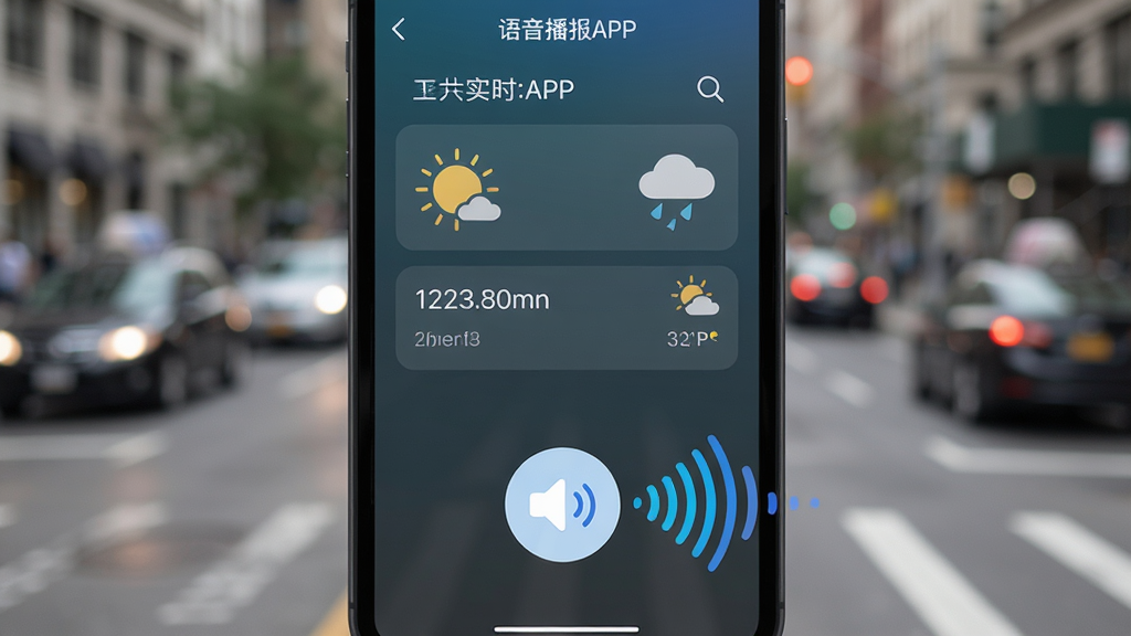 天气实时准APP的语音播报功能特写,手机屏幕显示天气详情页,下方有明显的语音播报图标,旁边有一组动态声波线条,背景为模糊的城市街道,暗示户外使用场景,整体风格实用且现代,画质清晰干净,无多余元素