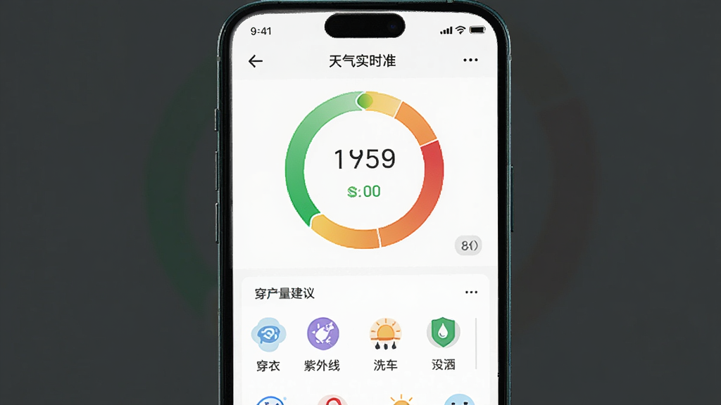 天气实时准APP的空气质量与生活指数页面,顶部显示空气质量指数环图,颜色从绿色到红色渐变,下方列出穿衣建议、紫外线、洗车等图标,整体布局简洁清晰,色彩淡雅,细节精致,画质高清干净,无多余元素