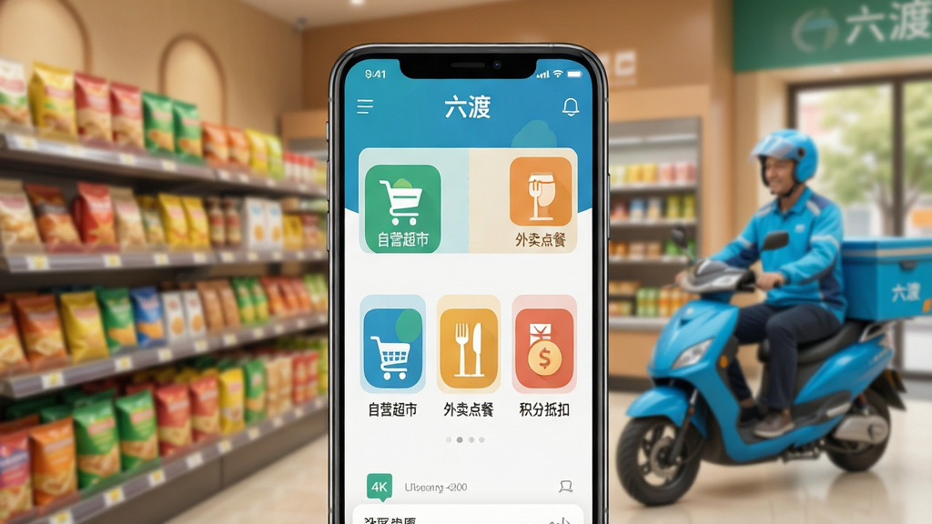 主体:手机屏幕展示“六渡”APP主界面,界面清晰显示“自营超市”、“外卖点餐”、“积分抵扣”三大核心功能图标,背景是温馨的社区超市与骑手配送场景。布局:手机居中,界面元素错落有致,背景虚化突出主体。排版:现代简约,信息层级分明,色彩明快。风格:写实与扁平结合,商业APP宣传图风格。细节:界面内文字标注“六渡”,超市货架商品丰富,骑手着装统一,画面整洁。画质:4K高清,干净,无多余元素。